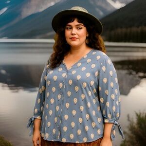 41 Hawthorn Top 2X Cute Blue Silky Hot Air Balloon Print Shirt Blouse Tie Sleeve